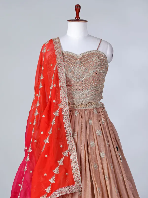 Peach tissue silk designer sleeveless lehenga choli