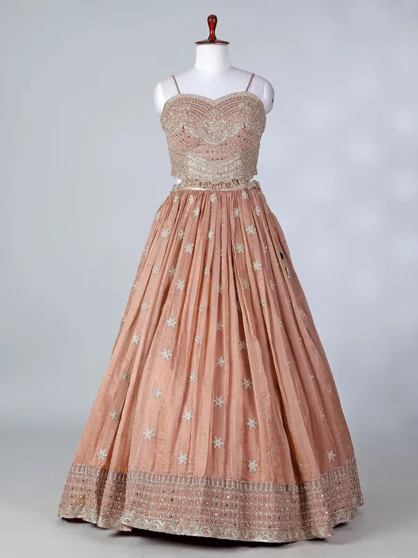 Peach tissue silk designer sleeveless lehenga choli