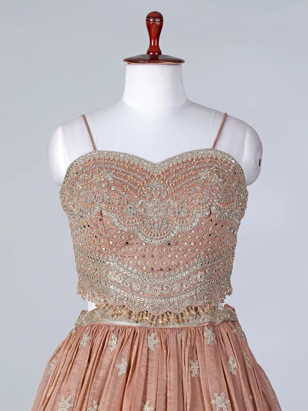 Peach tissue silk designer sleeveless lehenga choli