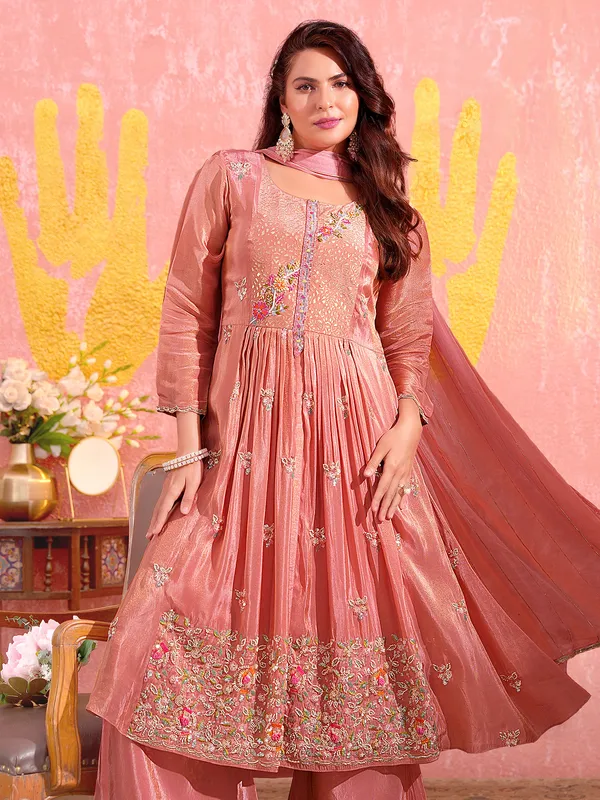 Peach tissue silk pakistani palazzo suit with cutdana accents