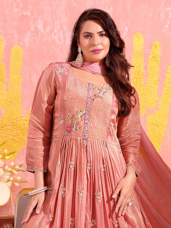 Peach tissue silk pakistani palazzo suit with cutdana accents