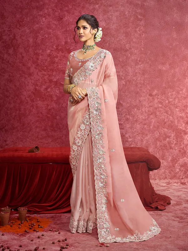 Peach tissue silk saree with resham work