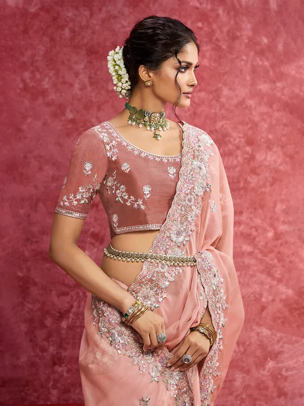 Peach tissue silk saree with resham work