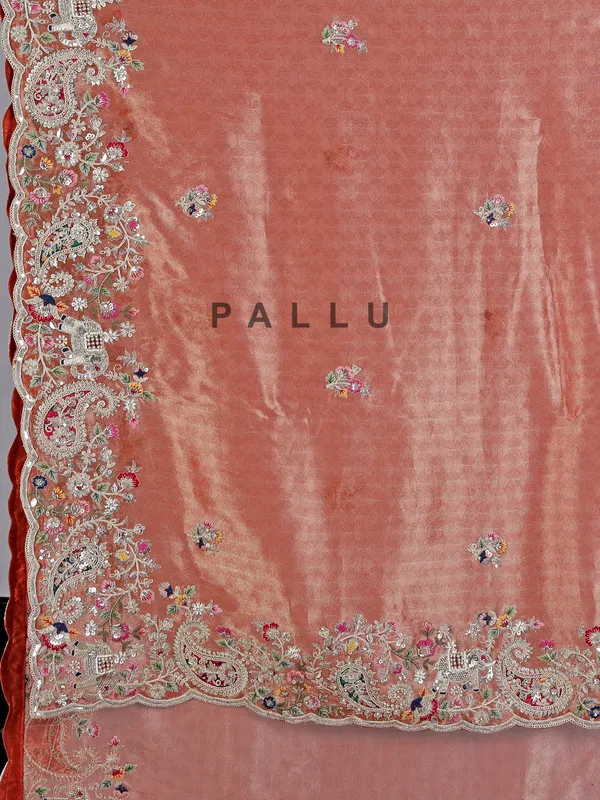 Peach tissue silk saree with zardosi and bead embellishments