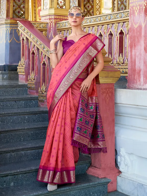 Peach tussar saree with zari and printed detail