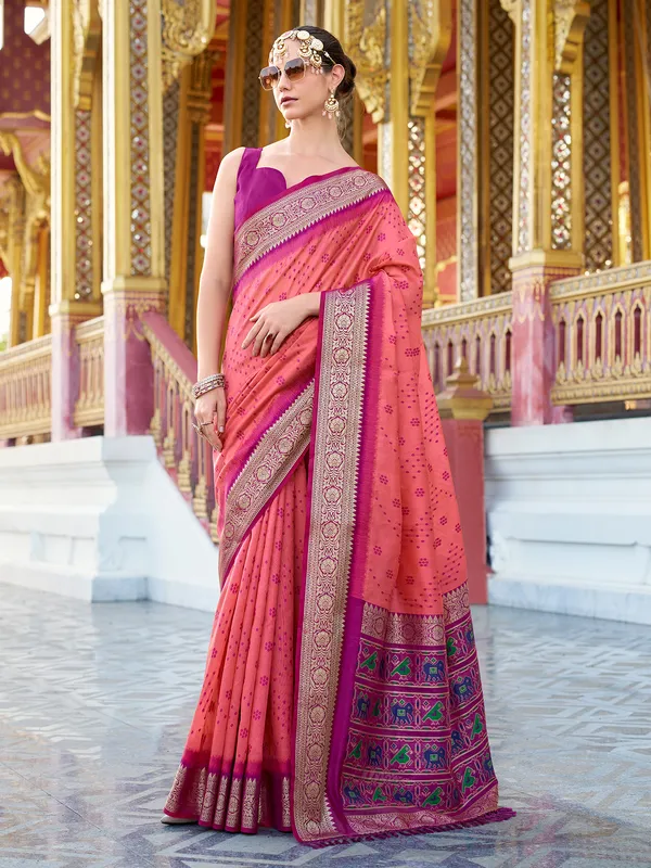 Peach tussar saree with zari and printed detail