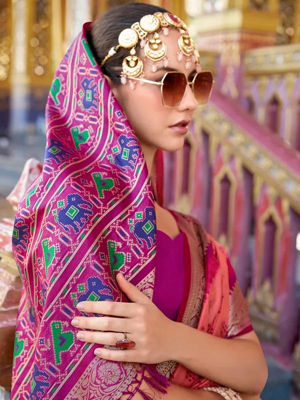 Peach tussar saree with zari and printed detail