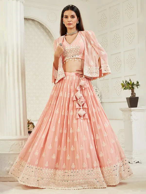 Peach wedding wear georgette lehenga choli with jacket