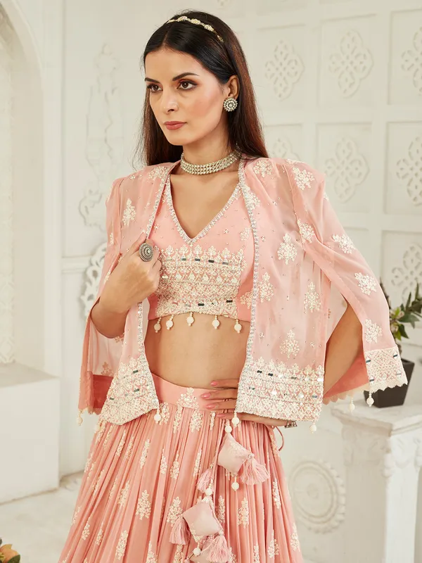 Peach wedding wear georgette lehenga choli with jacket