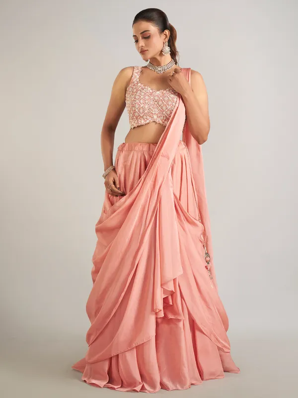 Peach wedding wear silk lehenga choli for women