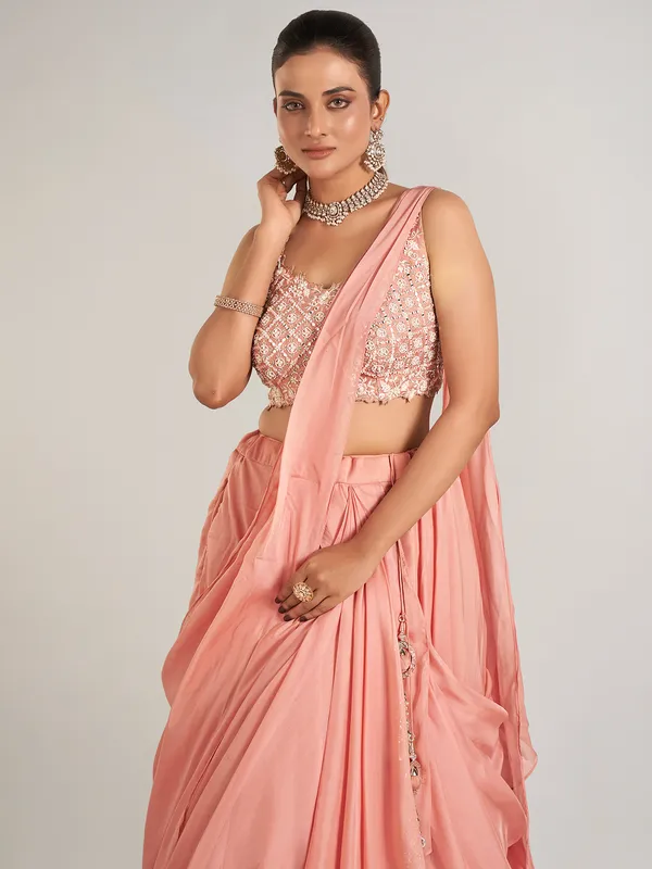 Peach wedding wear silk lehenga choli for women