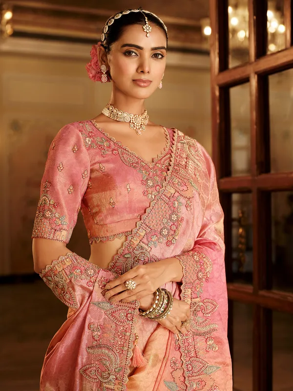 Peach wedding wear silk saree in shaded pattern