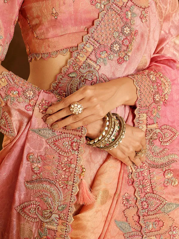 Peach wedding wear silk saree in shaded pattern