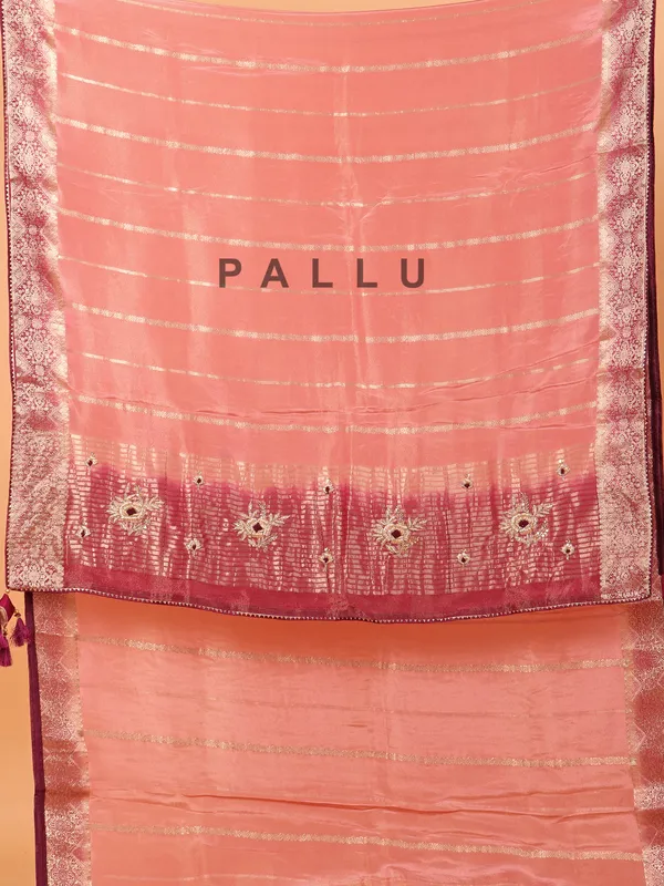 Peach zari weaving soft organza saree