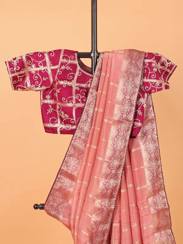 Peach zari weaving soft organza saree