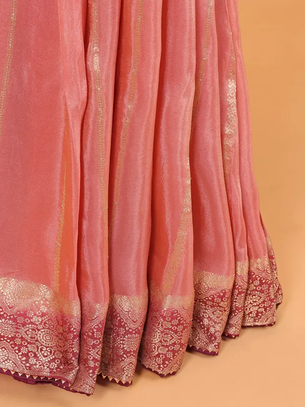 Peach zari weaving soft organza saree
