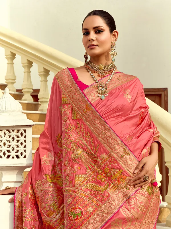 Peach zari work silk saree