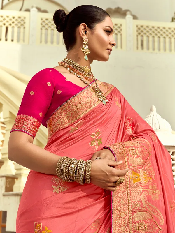 Peach zari work silk saree