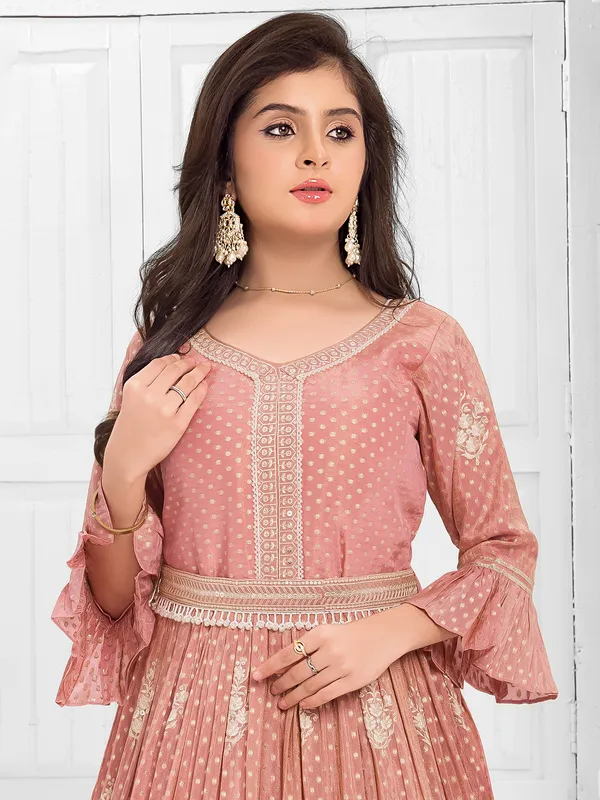 Peach zari worked gown in rich silk