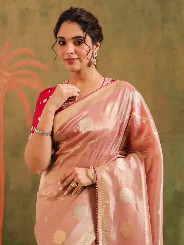Peach zari worked silk saree wedding collection