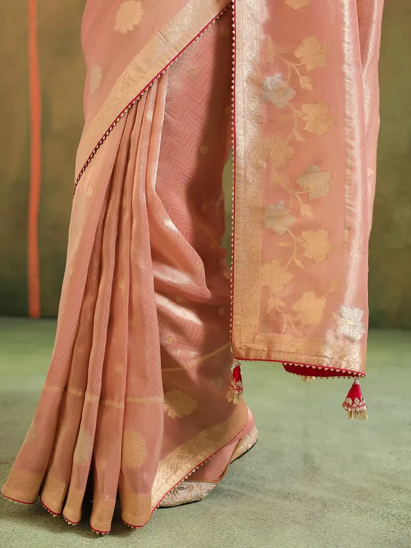 Peach zari worked silk saree wedding collection