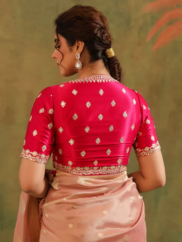 Peach zari worked silk saree wedding collection