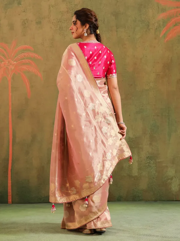 Peach zari worked silk saree wedding collection