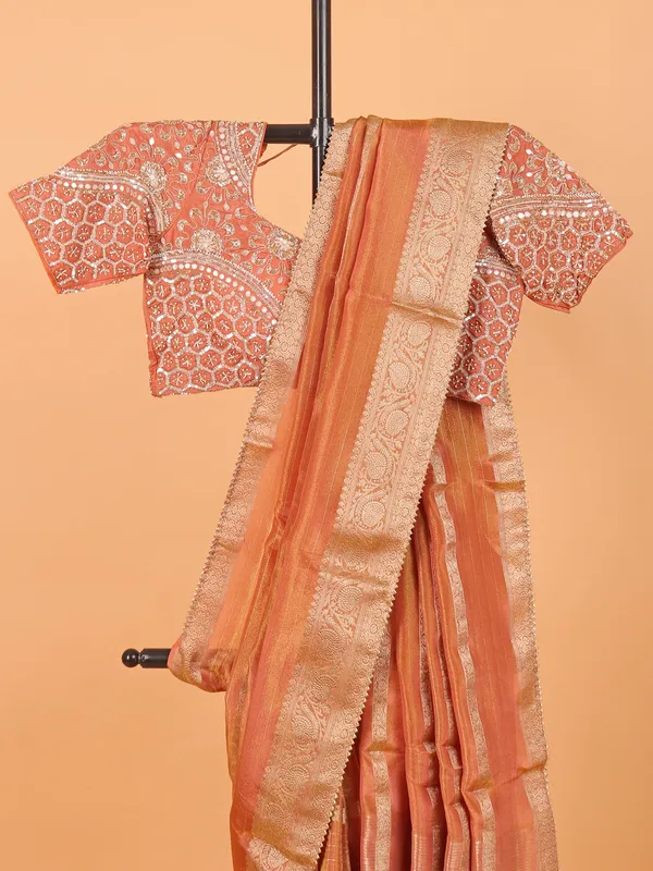 Peach zari worked wedding saree in soft organza