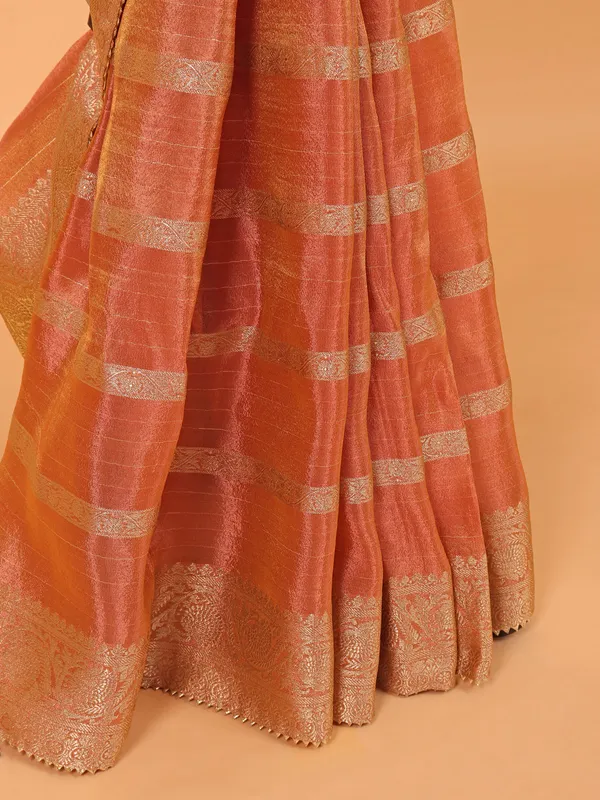 Peach zari worked wedding saree in soft organza