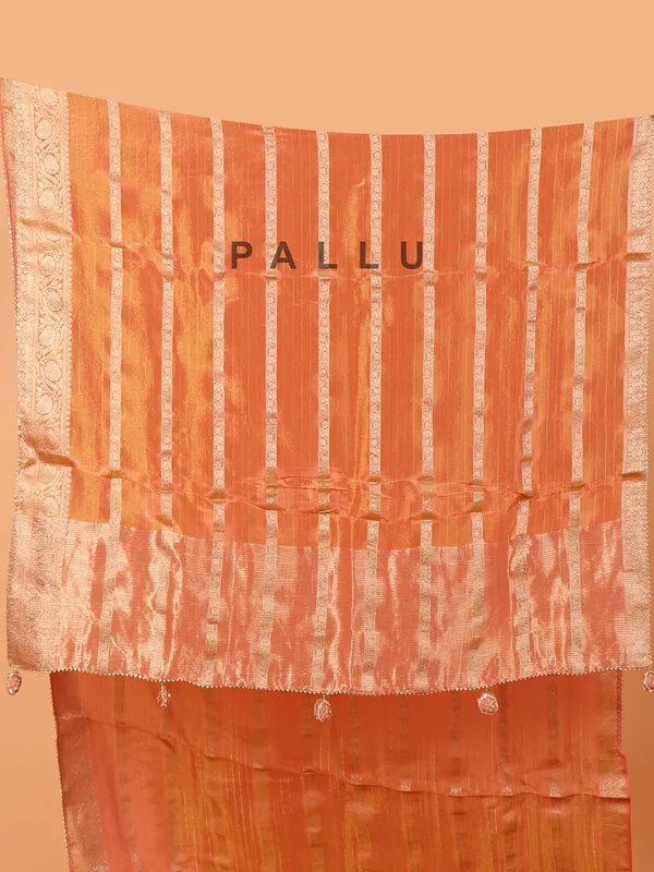Peach zari worked wedding saree in soft organza
