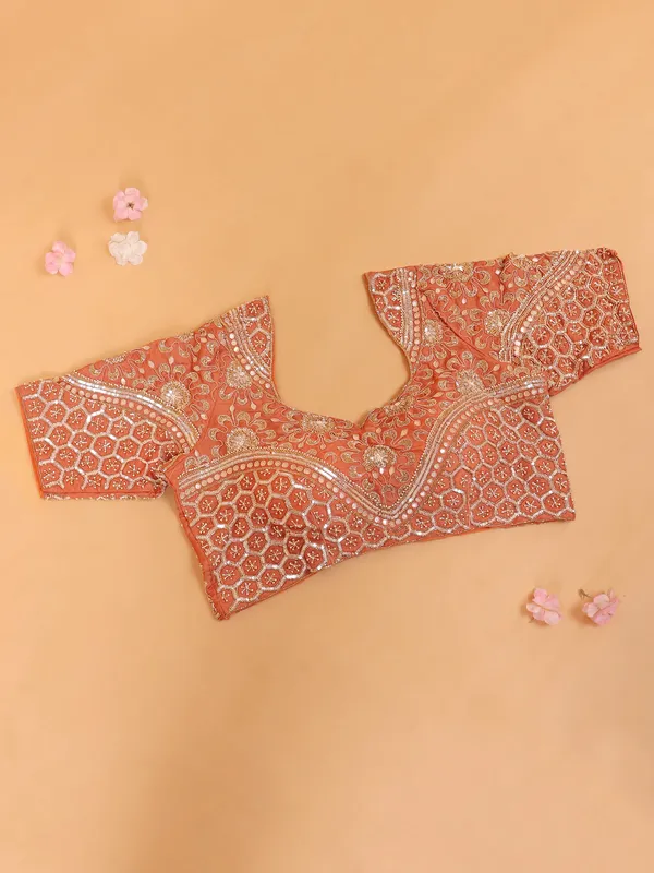 Peach zari worked wedding saree in soft organza