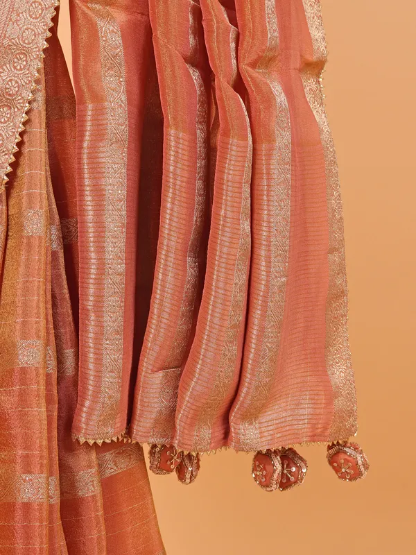 Peach zari worked wedding saree in soft organza