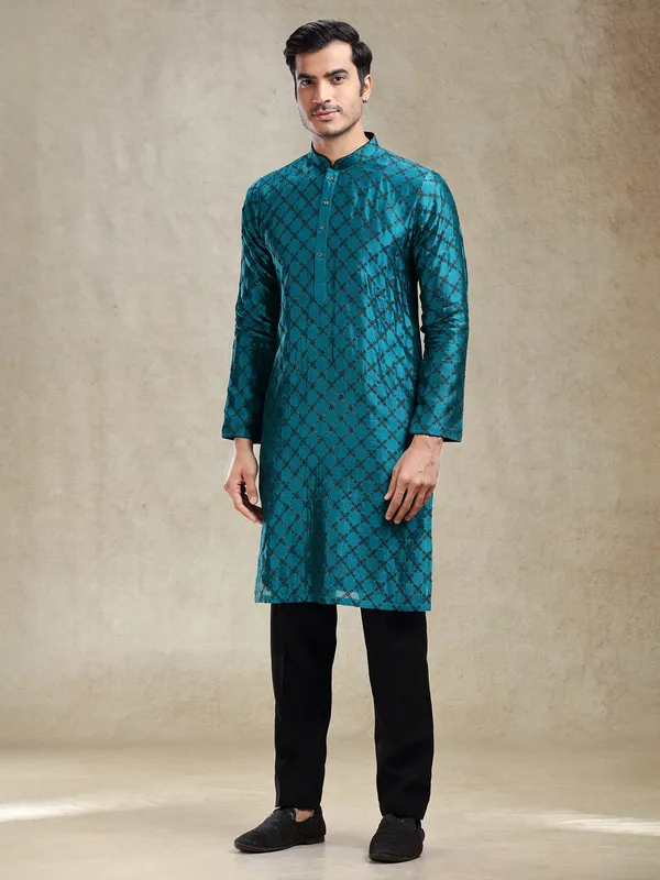 Peacock blue charming kurta ensemble in banarasi silk