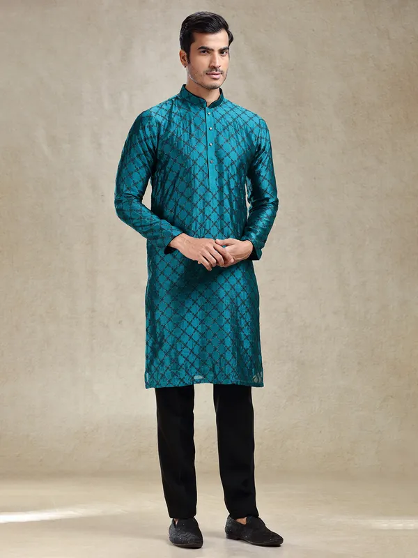 Peacock blue charming kurta ensemble in banarasi silk