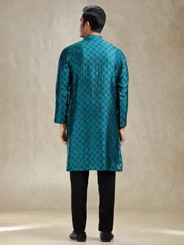 Peacock blue charming kurta ensemble in banarasi silk