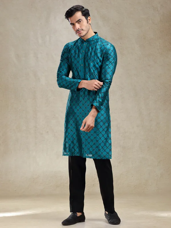 Peacock blue charming kurta ensemble in banarasi silk