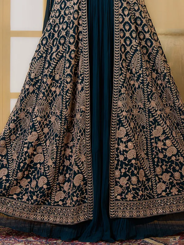 Peacock blue pakistani jacket style lehenga choli