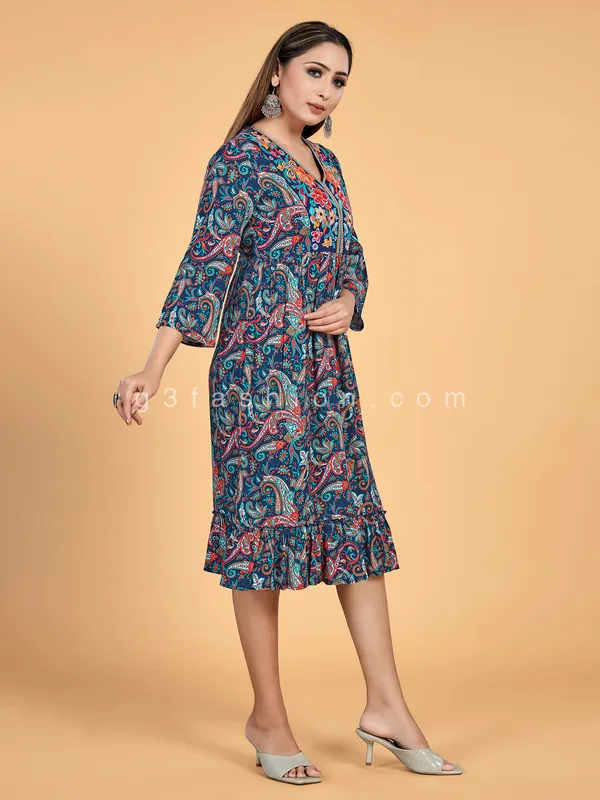 Peacock blue printed crepe kurti