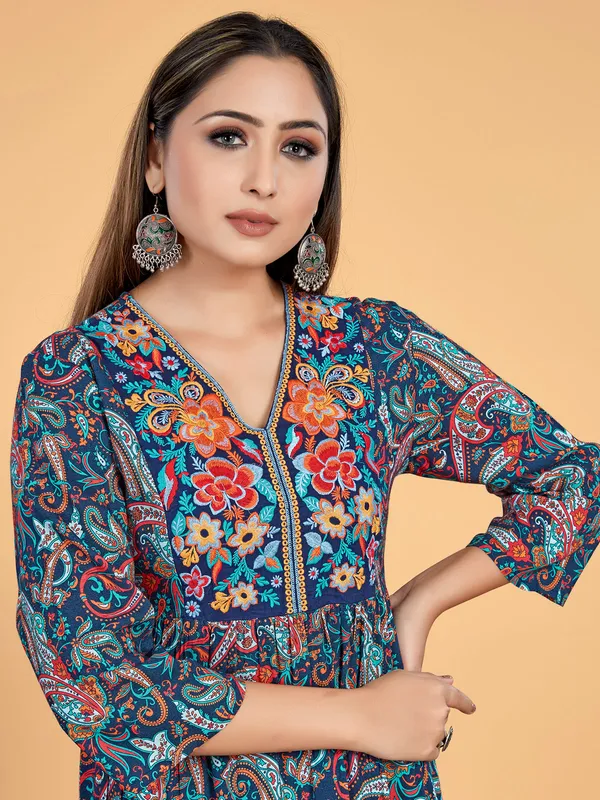 Peacock blue printed crepe kurti