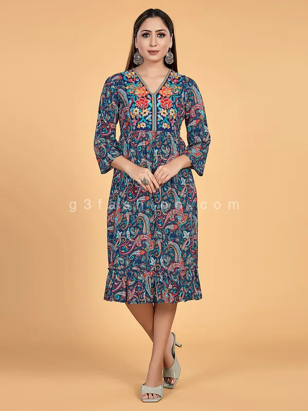 Peacock blue printed crepe kurti