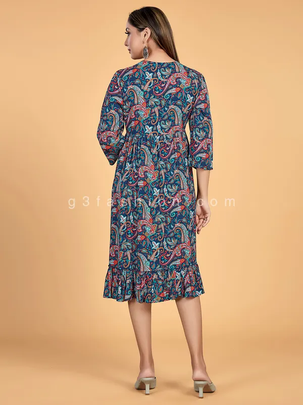 Peacock blue printed crepe kurti