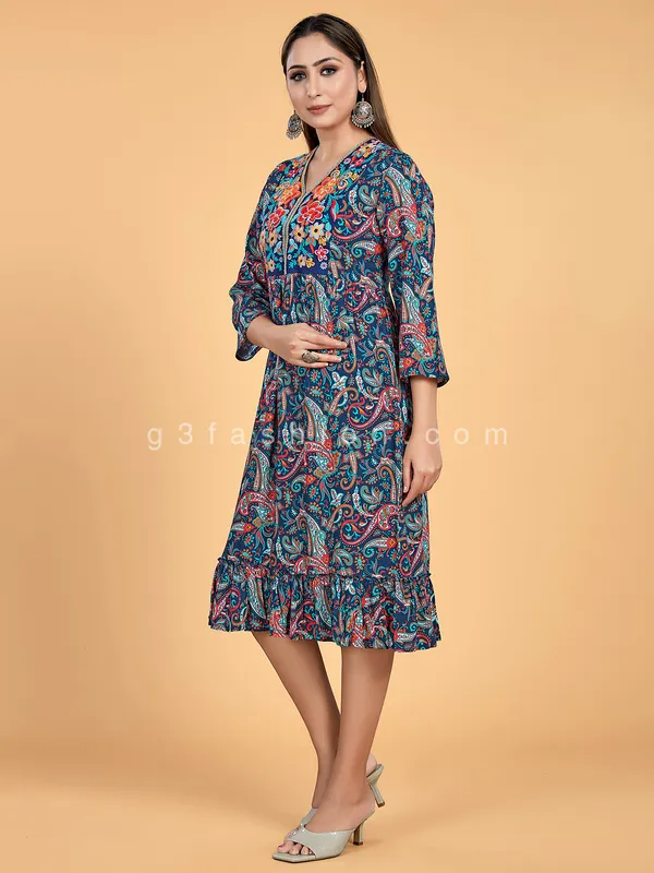 Peacock blue printed crepe kurti