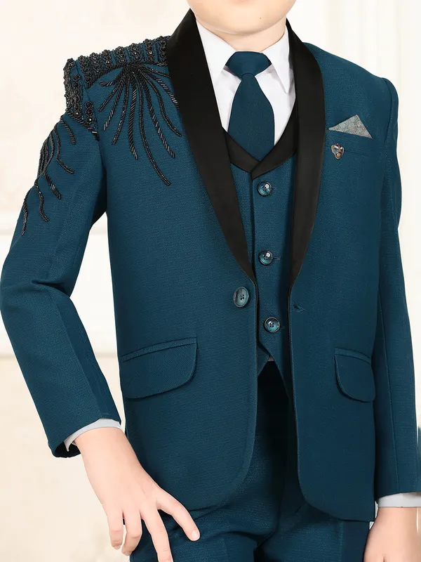 Peacock Blue reception wear terry rayon coat suit for little boys