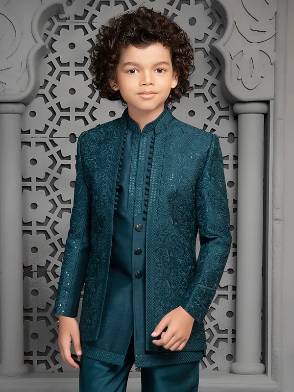 Peacock blue royal raw silk indo western for boys