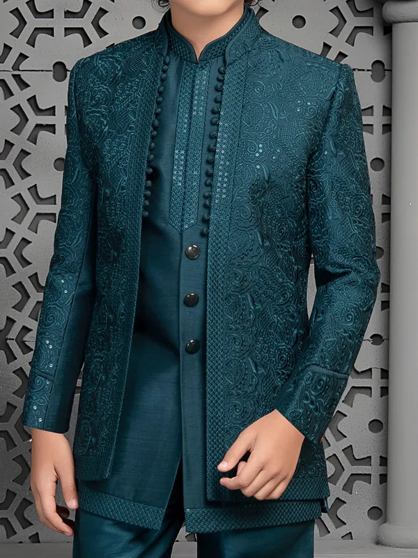 Peacock blue royal raw silk indo western for boys