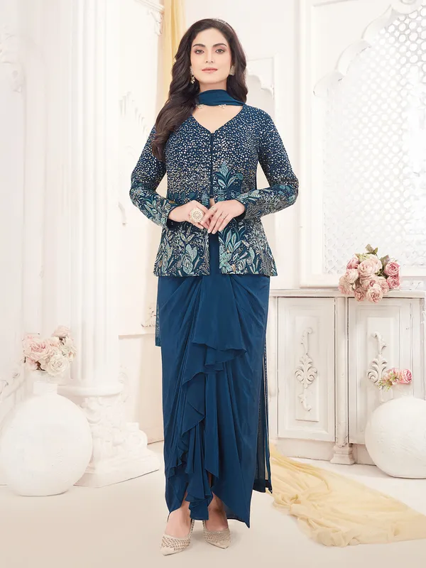 Peacock blue satin silk indowestern suit for women