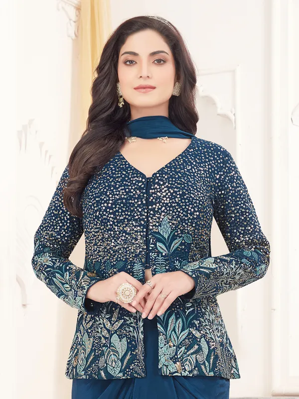 Peacock blue satin silk indowestern suit for women
