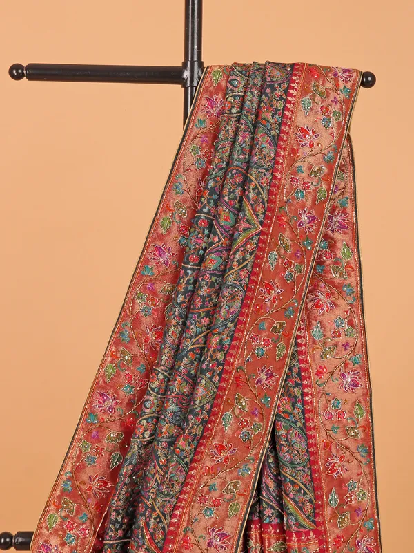 Peacock blue semi pashmina wedding wear saree