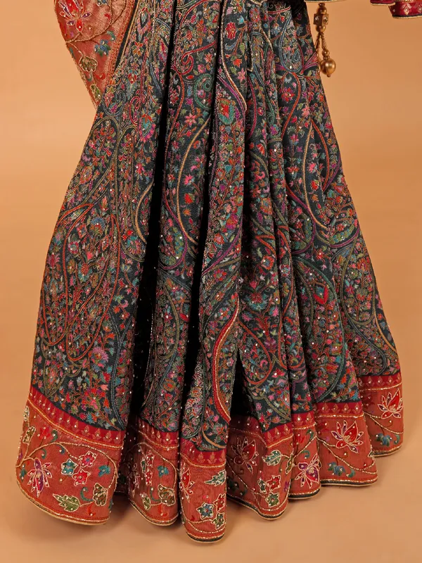 Peacock blue semi pashmina wedding wear saree