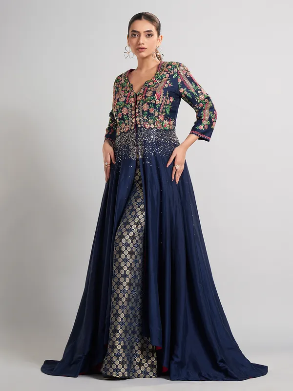 Peacock blue silk anarkali palazzo suit